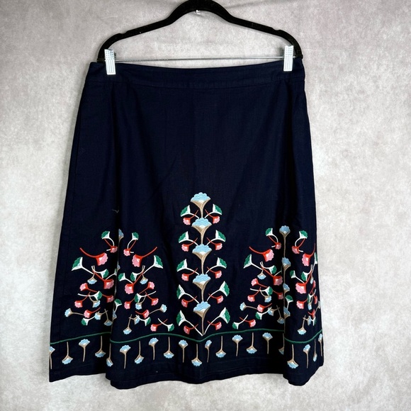 Boden Brooke Embroidered Floral A-Line Linen Cotton Blend Skirt In Blue US Sz 12 - Picture 3 of 8